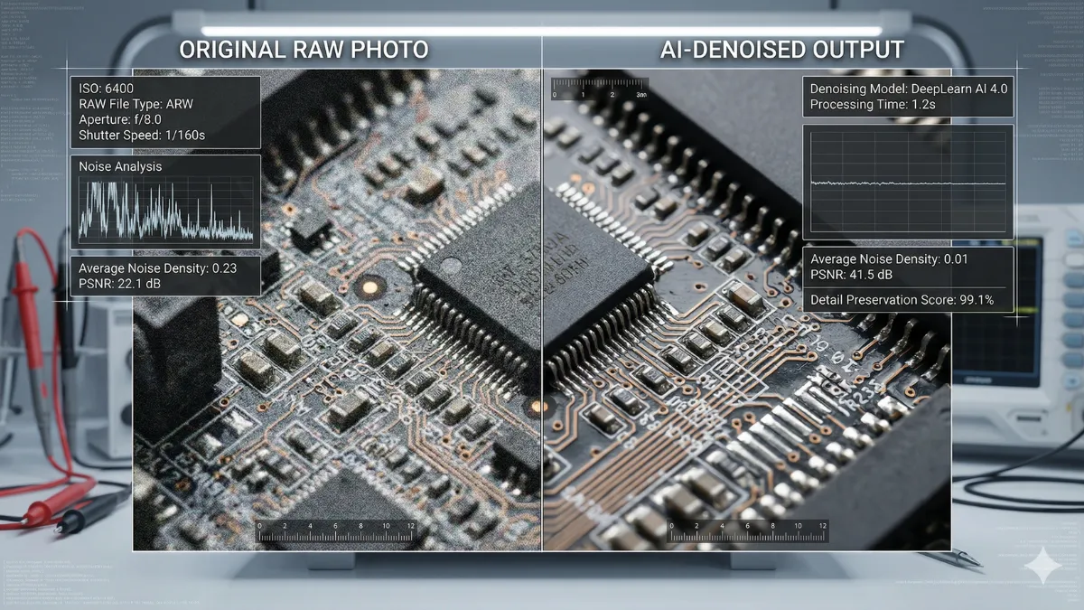AI image enhancement comparison demonstrating professional photo editing software noise reduction capabilities