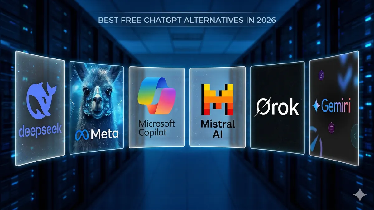 Best free ChatGPT alternatives in 2026 displayed as AI interface comparison panels